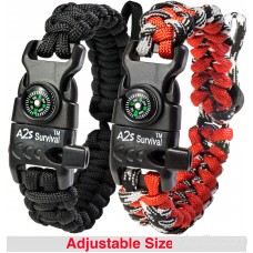 A2S Protection Paracord Bracelet K2-Peak - Survival Gear Kit with Embedded Compass, Fire Starter, Emergency Knife & Whistle Black / Pink Adjustable size